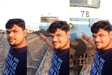 A composite image taken from video showing three stills of a train coming towards a man in India, who is filming a selfie video.