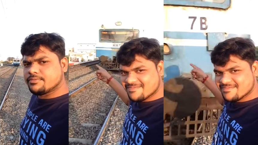A composite image taken from video showing three stills of a train coming towards a man in India, who is filming a selfie video.