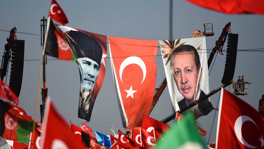 Rally pictures of President Erdogan and Kemahl Attaturk juxtaposed