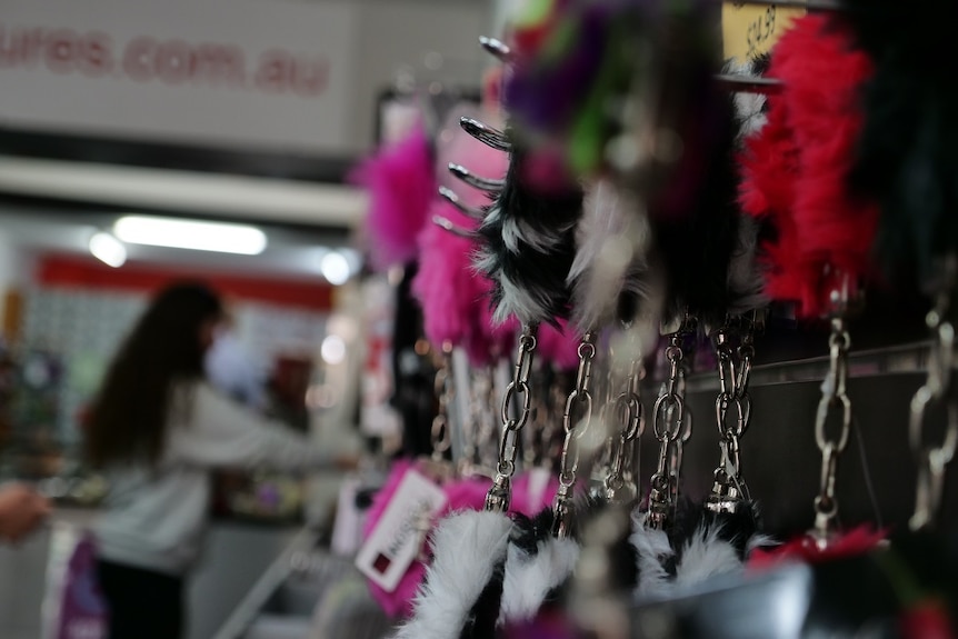 Fluffy handcuffs in an adult store