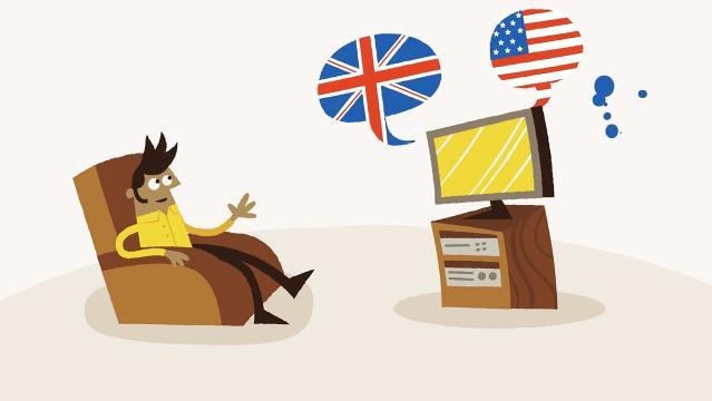Graphic image of man watching TV, speech bubbles as UK and USA flag emerge from TV