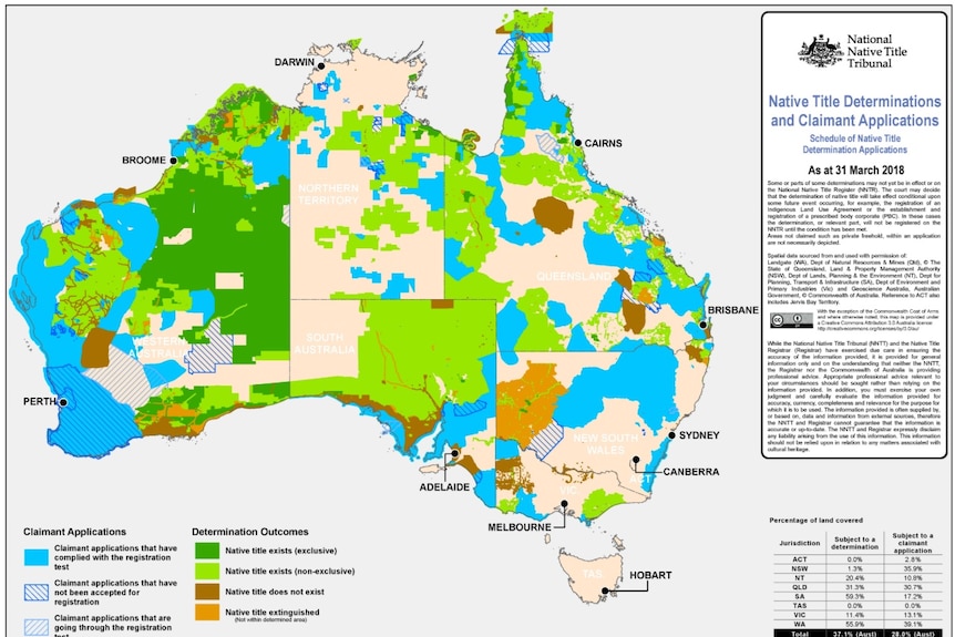 Picture of a map of where native title is in place in Australia.