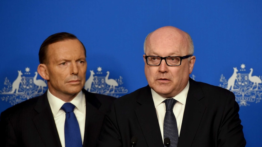 Tony Abbott and George Brandis announcing new counter-terrorism measures, on August 5 2014.