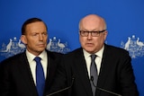 Tony Abbott and George Brandis announcing new counter-terrorism measures, on August 5 2014.