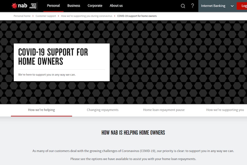 A screenshot of a NAB support page