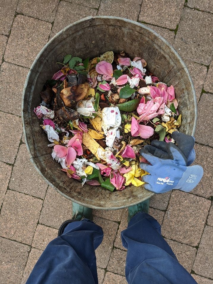 Flower petals mixed into a bin full of compost.