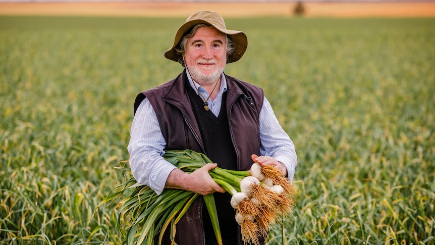 A man holding garlic out in a field.