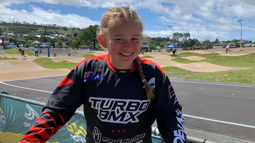 BMX rider Chelsea Tuck standing by the side of the track who is competing in the National BMX Championships in Launceston. 