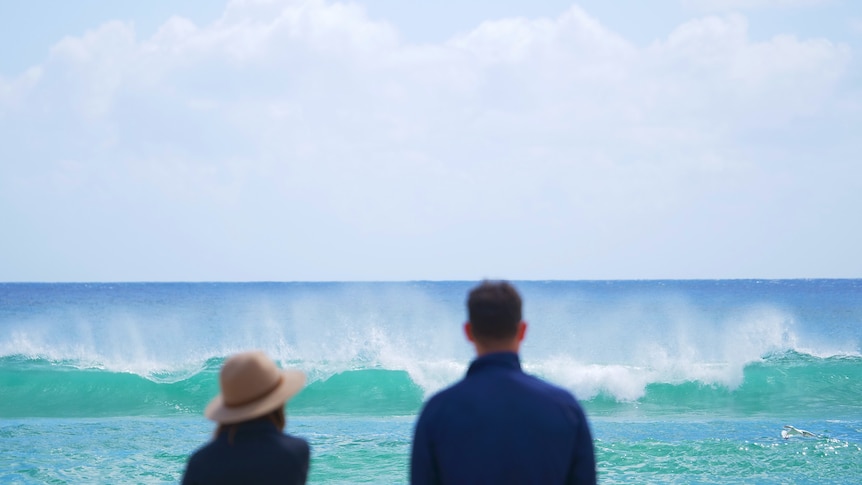 two people looking at beach