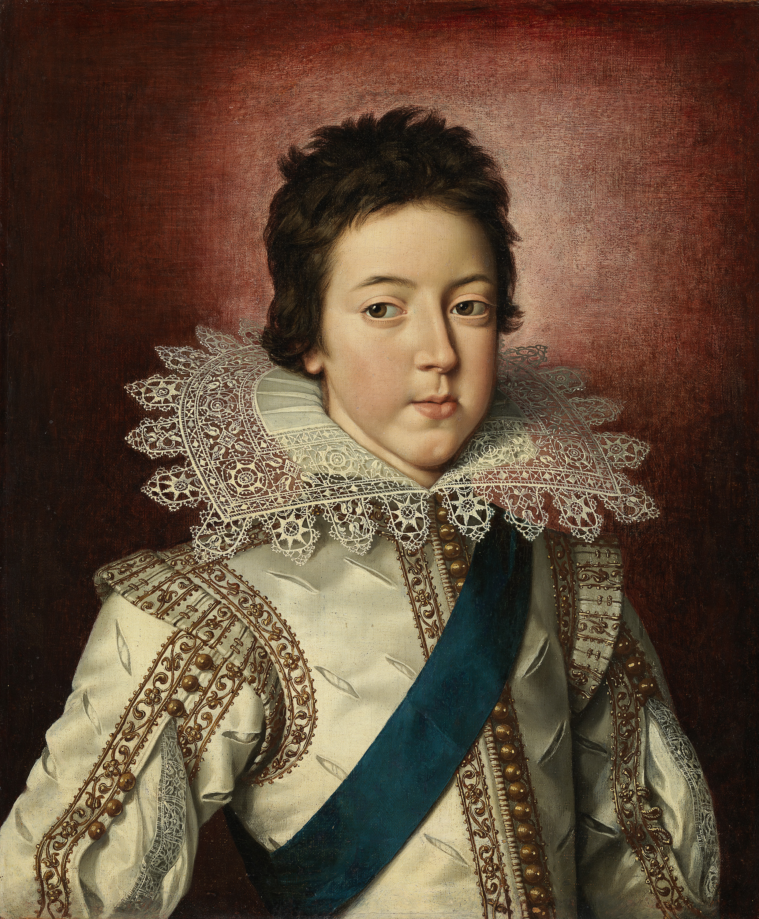 A 17th century Flemish Baroque portrait of a boy in a frill, looking serious and to the side