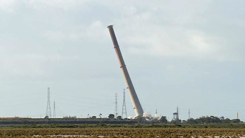 The Port Augusta coal power station chimney being demolished.