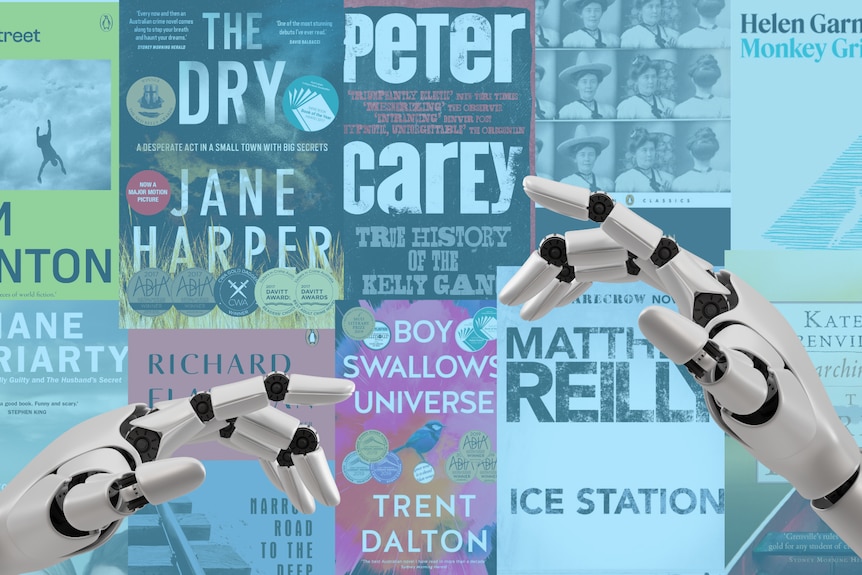 An image of book covers overlaid with blue and two robotic hands and arms