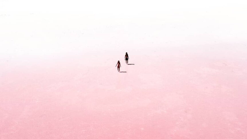 Two people walk across a pink lake.