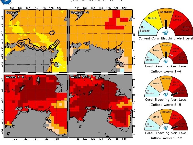 The NOAA coral bleaching alert area and outlook for the Northern Territory over 12 weeks