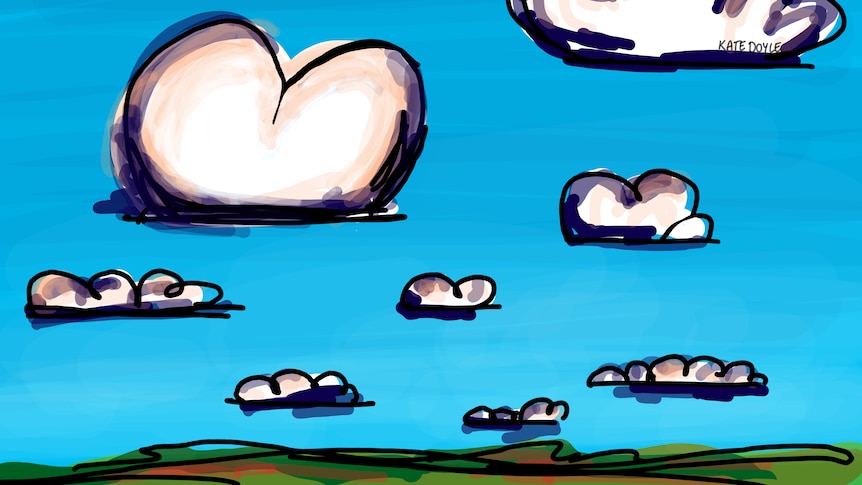 Drawing of a field of clouds, all with flat bases and puffy tops that look suspiciously like bottoms!