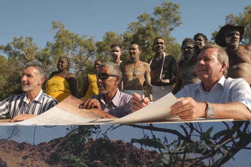 Aboriginal affairs Minister Tony Buti (left), Gooniyandi elder Claude Carter and Environment Minister Reece Whitby April 2022. 