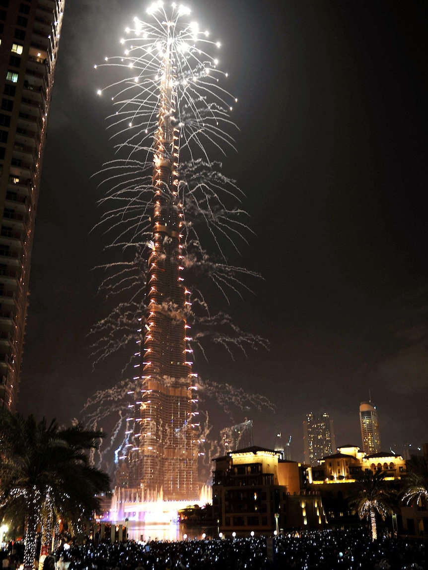 Fireworks explode off Burj Khalifa in Dubai.