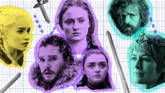 Collage of Game of Thrones characters Daenerys, Jon, Sansa, Arya, Cersei and Tyrion.