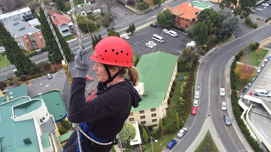 Nicky Hodgman abseils from Hobart's Wrest Point Casino