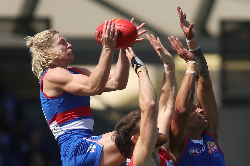 Cody Weightman of the Western Bulldogs takes a speccy mark ahead of a teammate and a Gold Coast Suns player.