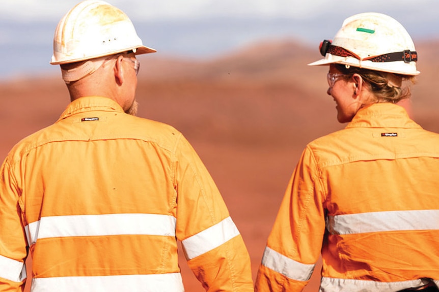 A man and woman with hard hats and high vis shirts. 