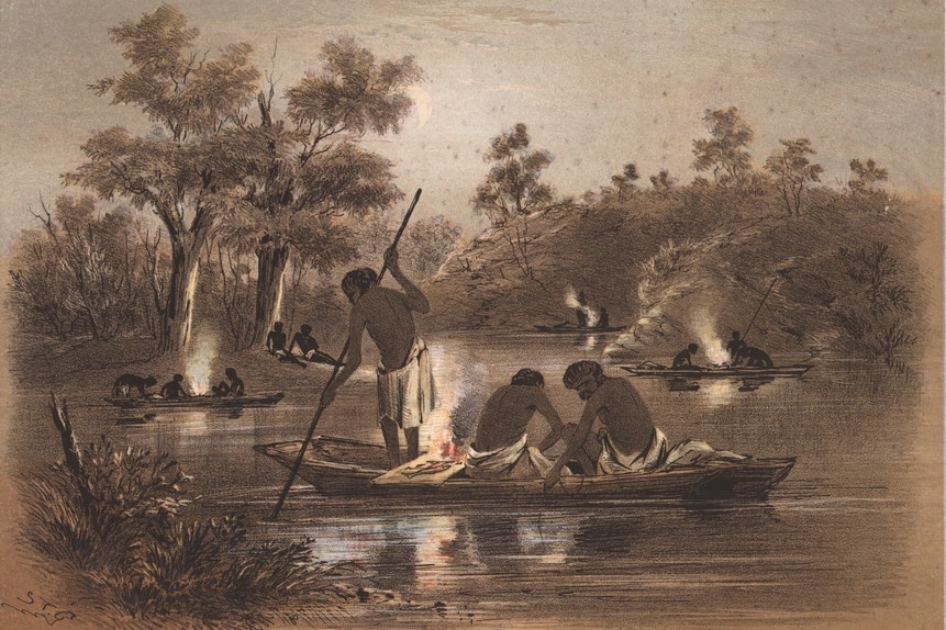 men in bark canoes on a river fishing at night, with small fires on their canoes.