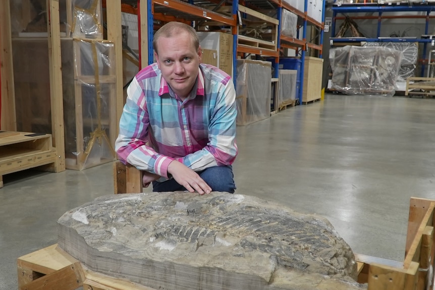 A man wearing a pink and blue shit in a warehouse looking into the camera while kneeling behind a big fossil