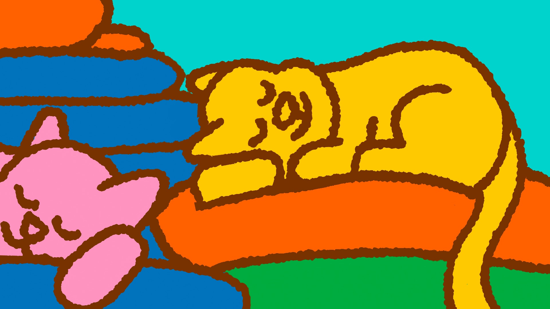 Graphic drawing of cats sitting on cushions