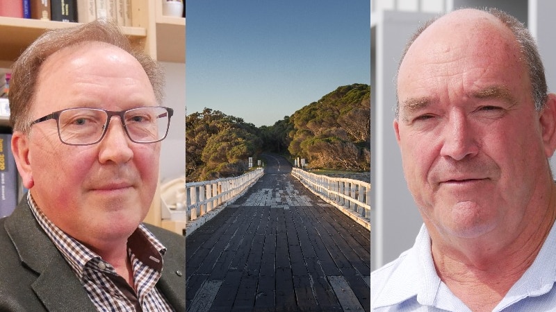 a collage of people and a bridge