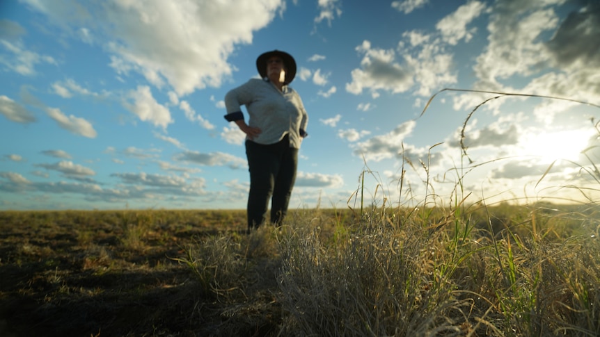 Woman standing in field staring out at paddocks