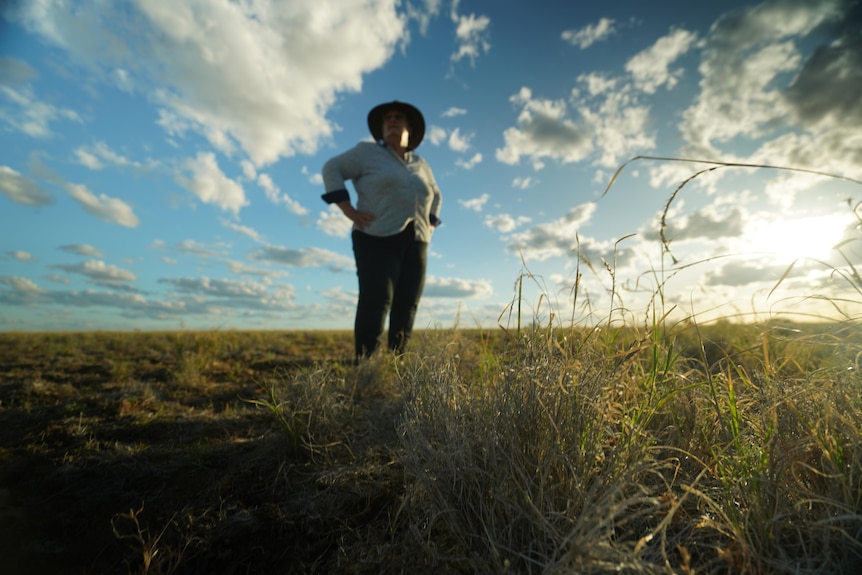 Woman standing in field staring out at paddocks