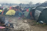 Tents sit amidst the muddy ground and puddles at the Idomeni refugee camp.