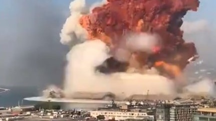 Enormous clouds from an explosion on the oceanfront in Beirut.
