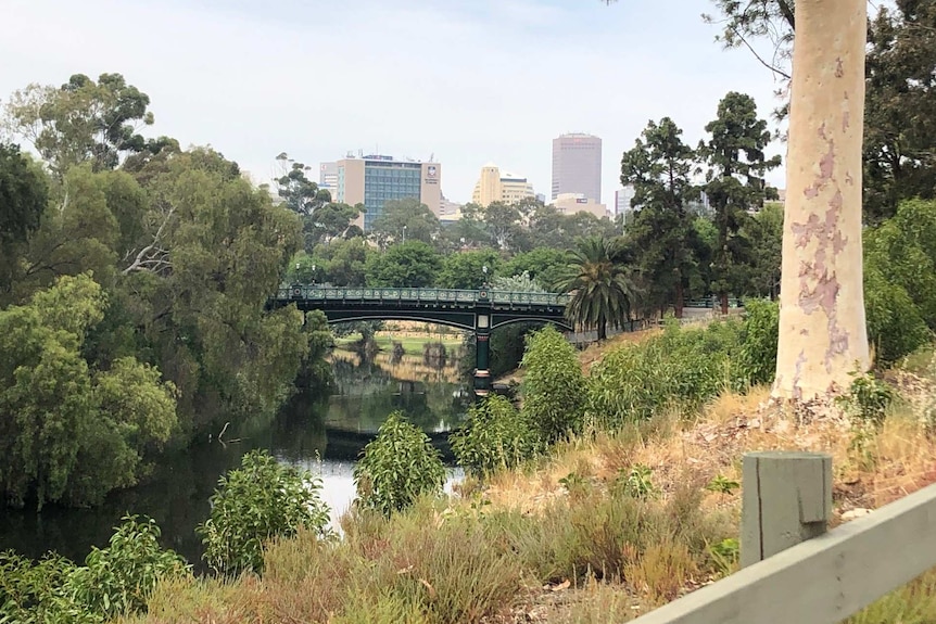 A photo of Adelaide with smoke haze and a bridge and river in the foreground
