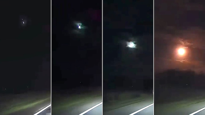 A four-image composite showing a meteor fly in the sky, taken from a car dash cam.