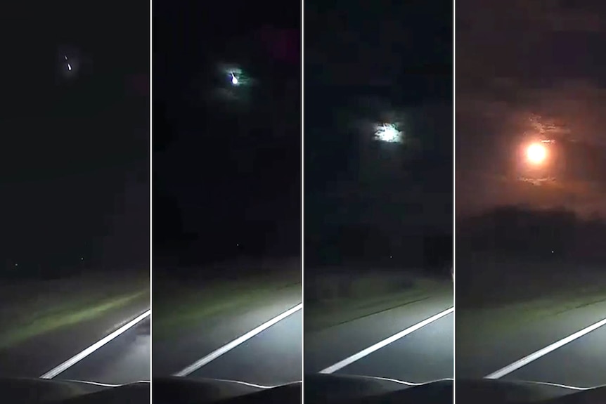 A four-image composite showing a meteor fly in the sky, taken from a car dash cam.