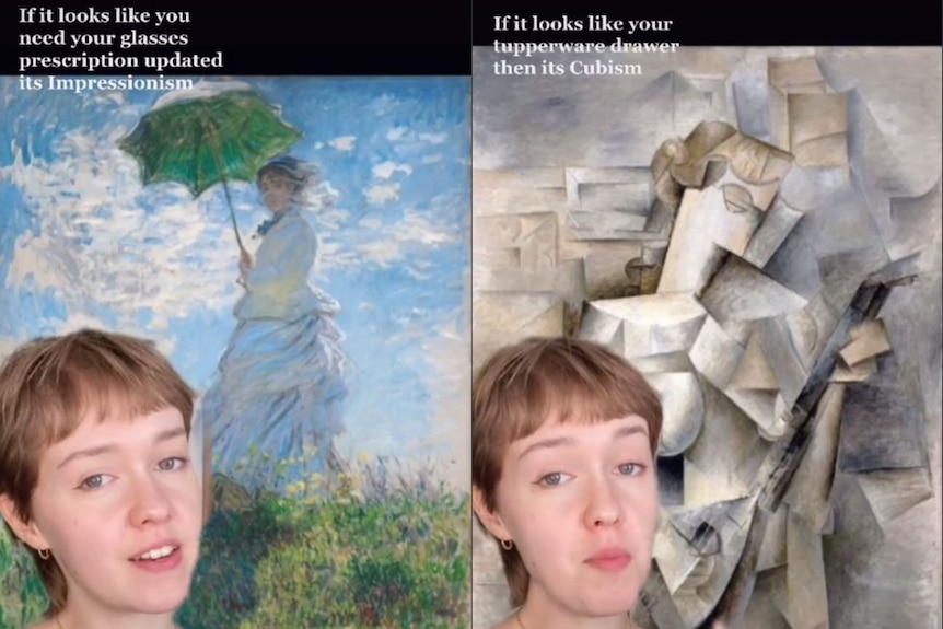 Two shots from a viral TikTok, Mary McGillivray explains Impressionism and Cubism