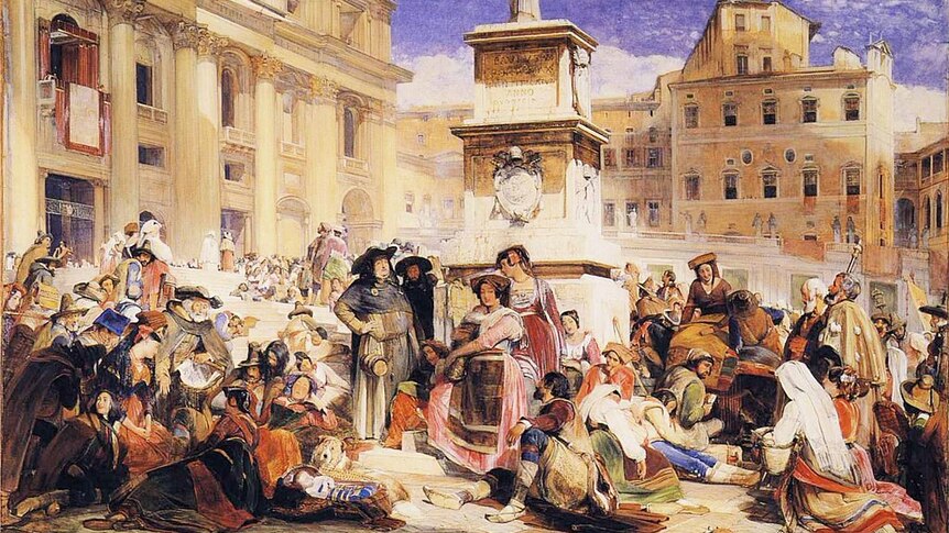 A painting of a vibrant crowd gathered in a sunny Italian square.