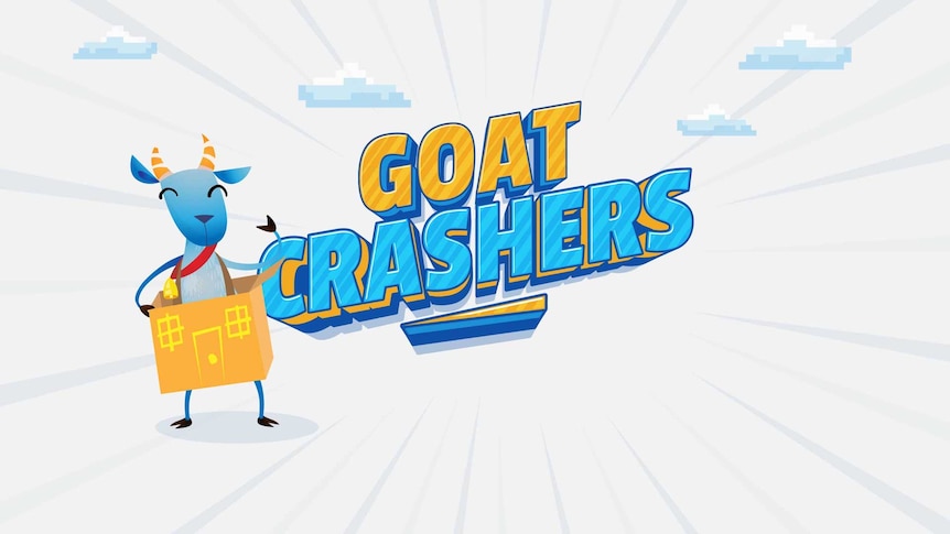 A goat wears a cardboard box as an outfit. The title reads Goat Crashers.